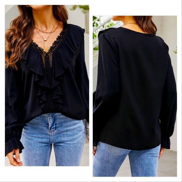 NWT! FLOUNCE SLEEVE RUFFLE TRIM GUIPURE LACE BLOUSE IN BLACK! - Picture 8 of 10